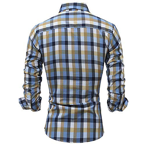 Kongtou Spring - Camisa de manga larga para hombre Cuadros amarillos azules XL