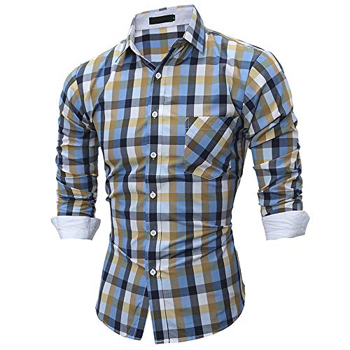 Kongtou Spring - Camisa de manga larga para hombre Cuadros amarillos azules XL