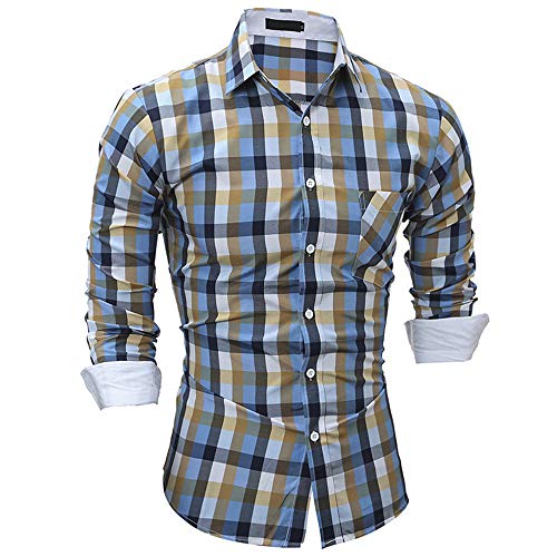 Kongtou Spring - Camisa de manga larga para hombre Cuadros amarillos azules XL