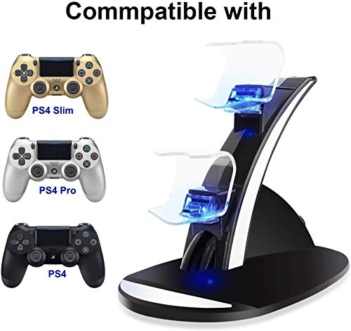 KONKY PS4 Cargador, Cargador Mandos PS4 Dualshock PS4 Estación de carga USB Base de carga para Sony Playstation 4/PS4/PS4 Pro/PS4 Slim Mando Inalámbrico Gamepad con Indicador del LED