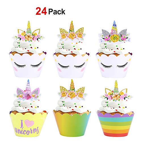 Konsait Unicornio Cupcake Topper de Tarta Magdalenas Decoración Cuerno y Orejas Doble Cara envolturas para Niños niñas Regalo Unicornio Decoraciones de Fiesta de cumpleaños (24Pack)