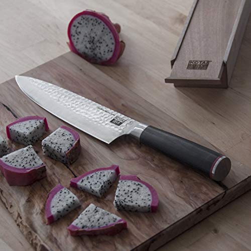 KOTAI - Cuchillo de Chef japonés Profesional - Acero Inoxidable de Alto Carbono 440C. Cuchillo de Cocina con Hoja de 20 centímetros y Mango Negro de Madera de Pakka - Cuchillo Japonés Gyuto con Funda