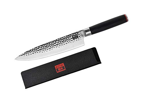 KOTAI - Cuchillo de Chef japonés Profesional - Acero Inoxidable de Alto Carbono 440C. Cuchillo de Cocina con Hoja de 20 centímetros y Mango Negro de Madera de Pakka - Cuchillo Japonés Gyuto con Funda