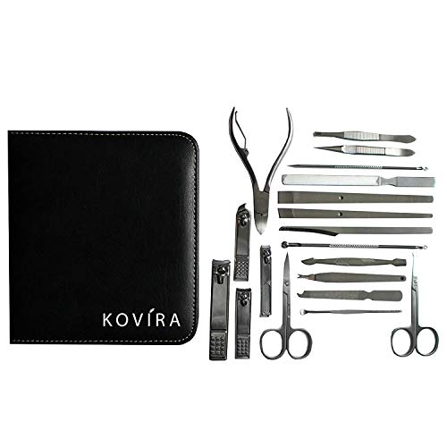 Kovira 19 piezas Kit Manicura y Pedicura Cortaúñas - Acero Inoxidable Herramientas de Grooming Profesional incluye Pinzas,Tijeras, Cortaúñas, Alicate y Moldeadores para Cutículas