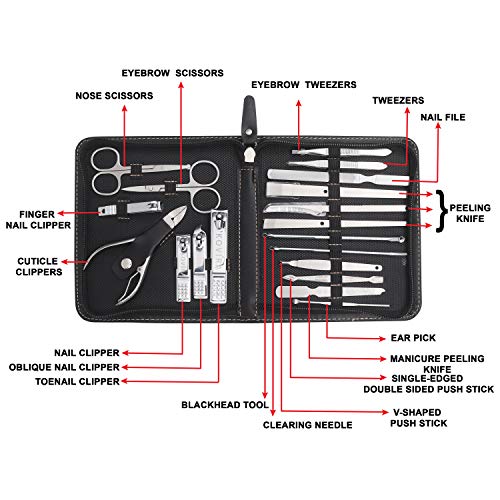 Kovira 19 piezas Kit Manicura y Pedicura Cortaúñas - Acero Inoxidable Herramientas de Grooming Profesional incluye Pinzas,Tijeras, Cortaúñas, Alicate y Moldeadores para Cutículas