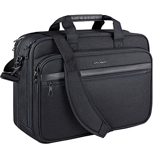 KROSER 18" Bandolera para Portátil Maletín Premium para Laptop hasta 17.3" Expandible Hidrófugo Bolsa del Hombro Bolsa de Computadora para Viajes/Negocios/Escuela/Hombres/Mujeres-Negro