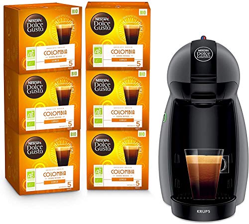 Krups Nescafé Dolce Gusto Piccolo antracita y 6 cajas de café ecológicas Colombia - Cafetera de cápsulas multiusos, Máquina de café para bebidas frías o calientes Y4099FD