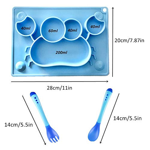 Kuiji - Plato de silicona para bebé, con cuchara sensible y tenedor aprobado por la FDA, sin BPA, con ventosas antideslizantes, 4 ventosas fuertes, 1 agujero para colgar (cangrejo azul)