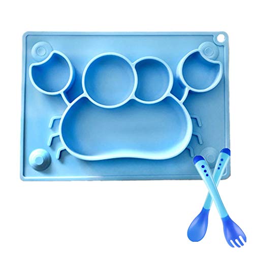 Kuiji - Plato de silicona para bebé, con cuchara sensible y tenedor aprobado por la FDA, sin BPA, con ventosas antideslizantes, 4 ventosas fuertes, 1 agujero para colgar (cangrejo azul)