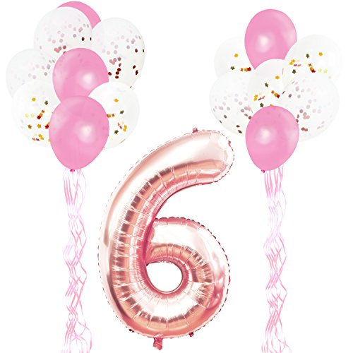 KUNGYO Decoraciones de Fiesta de Cumpleaños para Adultos y Niños, Oro Rosa Gigante Número 6 y Estrella de Helio Globos, Cintas, Globos de Confeti de Látex- Rose Gold Suministros de Fiesta