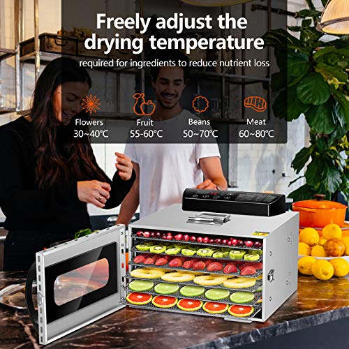 Kwasyo Deshidratadora de Alimentos con 6 Bandejas Acero Inoxidable, Temporizador de 24 Horas, Temperatura Regulable 30~90℃, Pantalla LCD, 400W Deshidratador Alimentos de Frutas y Verduras, Libre BPA