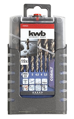 kwb COBALT HSS CO Juego de brocas 19pieza(s) - Brocas (Taladro, Juego de brocas, Rotación manual derecha, Plancha, De plástico, Perfil, Acero inoxidable, Hoja de acero inoxidable (delgada), 135°, Acero rápido aleado con cobalto (HSS-Co))