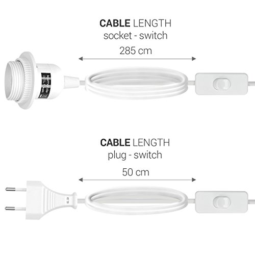 kwmobile 3x portalámparas E27 con arandela roscada y cable electrónico con interruptor - lámpara portalámpara y cable, 3,5m en blanco