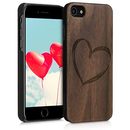 kwmobile Funda Compatible con Apple iPhone 7/8 / SE (2020) - Carcasa de Madera - Case Trasero Duro Dibujo de corazón