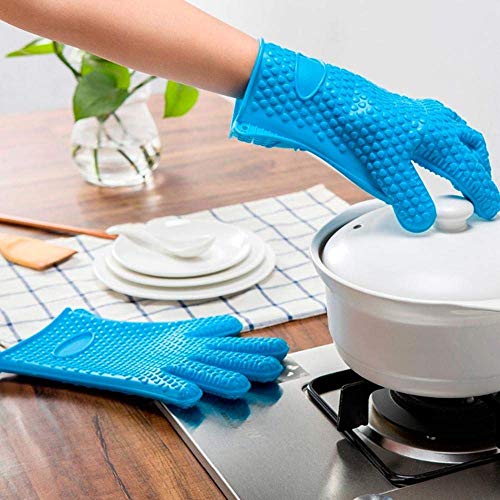 Kyman Guantes de Cocina, Guantes de Barbacoa Grueso Cocinar Guante Resistente al Calor del Horno for Hornear Guante de Cocina BBQ Grill Guante Guante Mitones Grill-Azul de Silicona (2 Unidades)