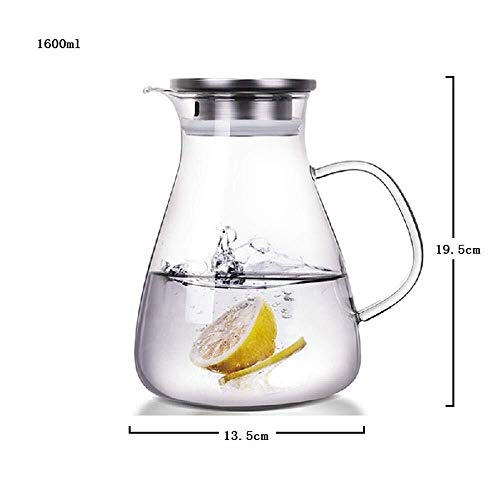 La jarra de cristal 1600ml de agua, jugo frío de hielo jarra con la tapa de acero inoxidable Jarra de vidrio borosilicato Hervidor de vino tinto, vino, zumo, leche, hielo de agua fría, caliente café,