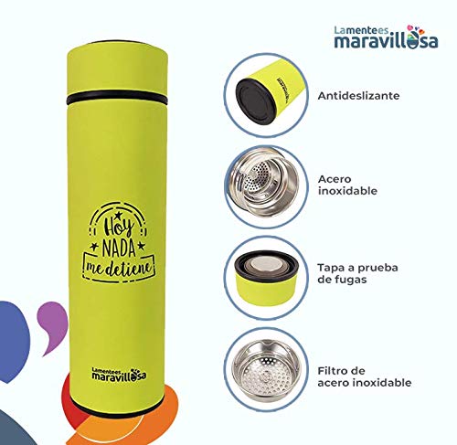 La mente es Maravillosa - Termo de Acero Inoxidable de 400 ml. Aislamiento de Vacío de Doble Pared para Bebidas Frío/Caliente - Termo Verde