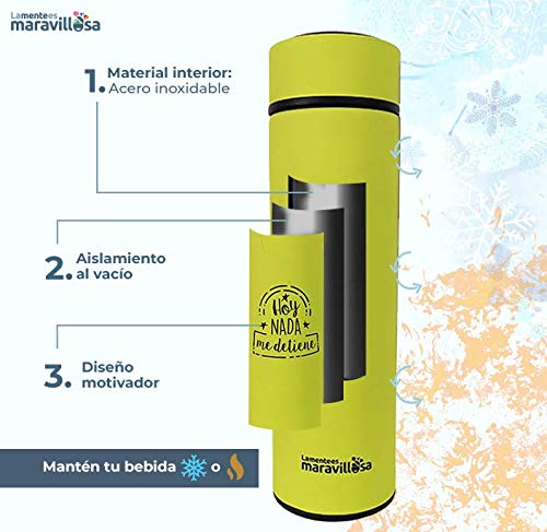 La mente es Maravillosa - Termo de Acero Inoxidable de 400 ml. Aislamiento de Vacío de Doble Pared para Bebidas Frío/Caliente - Termo Verde