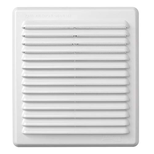 La Ventilazione AMR200B Rejilla de ventilación de plástico rectangular blanca, con red antiinsectos y muelles. Dimensiones: 204 x 230 mm.