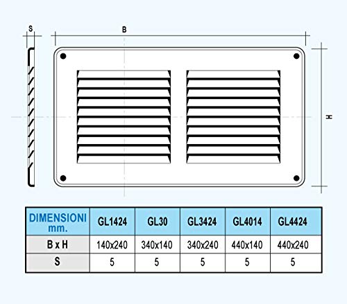 La Ventilazione GL30B - Rejilla de ventilación rectangular de chapa lacada blanca para solapar, dimensiones: 340 x 140 mm