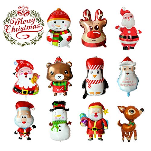 LABOTA 11PCS Grande Feliz Navidad Globos Globo de Papel de Aluminio Papá Noel / Muñeco de Nieve / Reno / Alce Globo de Helio para Suministros de decoración de Fiesta de año Nuevo de Navidad