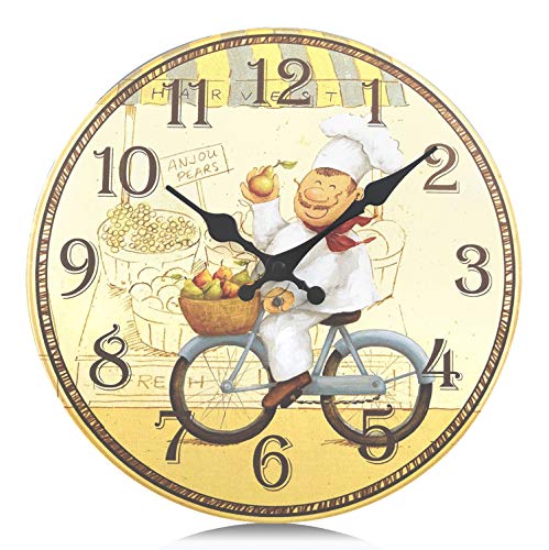 Lafocuse Reloj de Pared Vintage Cocina Madera Reloj de Cuarzo Amarillo Rustico Silencioso Decorativo un Cocinero Feliz en Bicicleta Pare Comedor 34cm