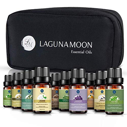 Lagunamoon Aceites Esenciales, Top 10 Set de Viaje de Aceites de Aromaterapia de Lavanda, Eucalipto, Hierba de Limón, Menta, Arból de Té, Jazmín, Aceites Esenciales para Humidificador, 100% Puros