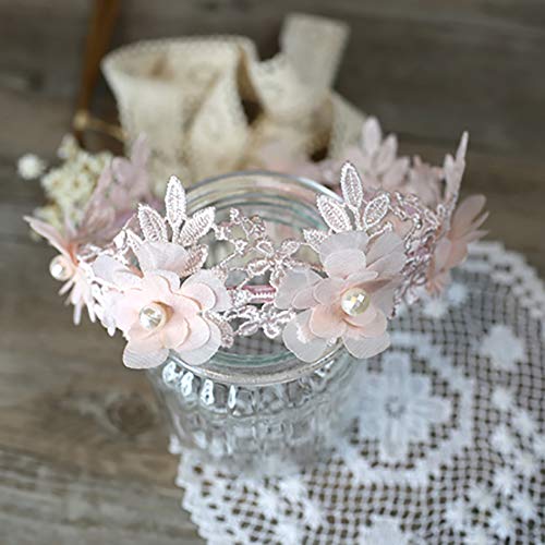 Laimew flor de encaje de boda diadema con cinta larga, vestido de princesa, accesorios para el cabello para niñas (Rosado)