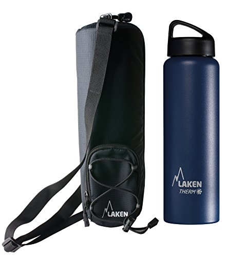 Laken Botella Térmica 1 Litro de Inoxidable 18/8 y Doble Pared de Vacío Classic (Boca Ancha) + Funda térmica Aislante con Bandolera 1,5L, Azul