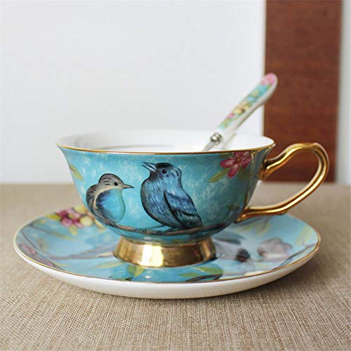 LALY A SHOP 3 Unids/Set   Superior Floral y Huesos de Aves Plato de Taza de Té de Café de China Juegos de Té de Café de Porcelana de Cerámica Chapada en Oro, 02