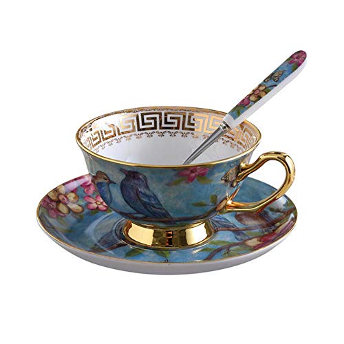 LALY A SHOP 3 Unids/Set   Superior Floral y Huesos de Aves Plato de Taza de Té de Café de China Juegos de Té de Café de Porcelana de Cerámica Chapada en Oro, 02