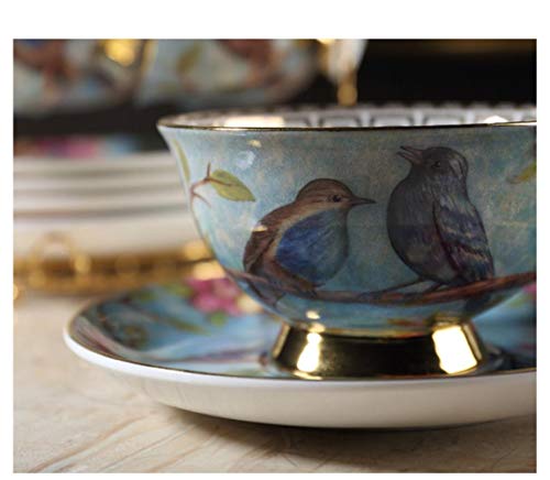 LALY A SHOP 3 Unids/Set   Superior Floral y Huesos de Aves Plato de Taza de Té de Café de China Juegos de Té de Café de Porcelana de Cerámica Chapada en Oro, 02