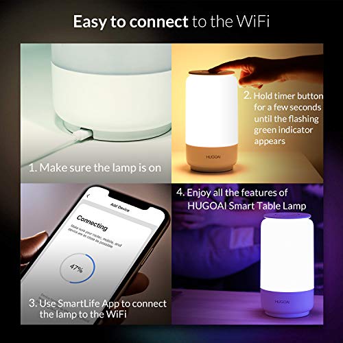 Lampara de Mesita de Noche LED inteligente, Lampara de Mesa HUGOAI, luz nocturna, con temperatura de color y cambio de color RGB y conexión Wi-Fi,compatible con Alexa/Google Assistant e IFTTT-Gris