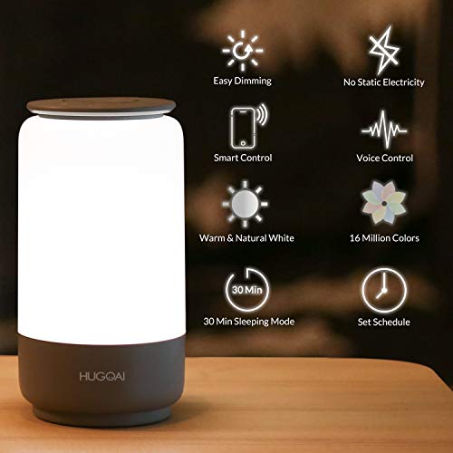 Lampara de Mesita de Noche LED inteligente, Lampara de Mesa HUGOAI, luz nocturna, con temperatura de color y cambio de color RGB y conexión Wi-Fi,compatible con Alexa/Google Assistant e IFTTT-Gris