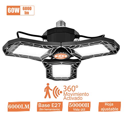 Lámpara Garaje Inductivo LED E27 Bawoo 60W Radar Lámpara Oficina Taller Iluminación LED Sótano Lámpara Techo Luz Almacén Bombillas E27 Ultra Brillante 6000LM 6000K Ajustable 270° Tienda Lámpara Bodega