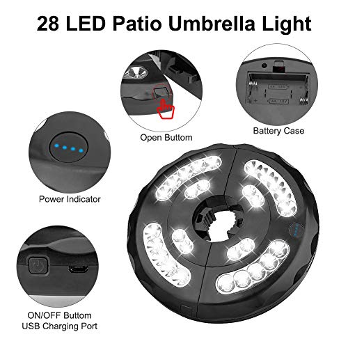 Lámpara para Sombrilla, Eletorot 28 LED 400 Lúmenes 3 Modos Luz Parasol de Patio USB Recargable Luces Sombrillas y Paraguas para Cámping, Patio, Playa,Jardín y Piscina