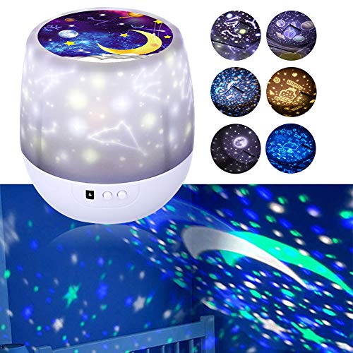 Lámpara Proyector Infantil Estrellas, Lámpara de nocturna Infantiles luz del proyector LED 360 grados rotación,6 color regulable combinaciones para cumpleaños,Navidad, Cuarto de los Niños, Boda