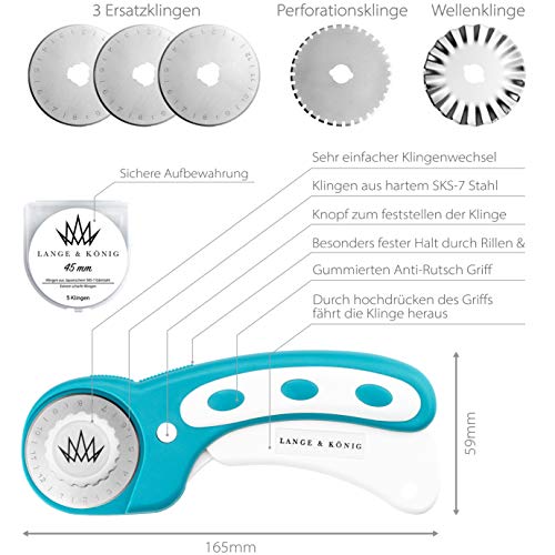 Lange & König Kit de Cuter Rotativo incluye Base de Corte A2, Cortador Rotativo, 5 Cuchillas de Repuesto, Regla de Patchwork + 20 Pinzas Costura como Accesorios de Costura