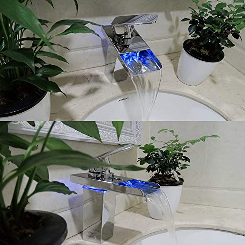 LANIAKEA - Grifo de lavabo con luz LED y sensor de temperatura - Grifo mezclador de latón para cascada hidroeléctrica - De uso seguro en lavabos de baños o fregaderos