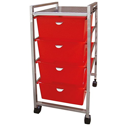 Laroom Carrito Ancho 4 cajones, Chrome Acero Inoxidable Structure y PP Drawers, Rojo