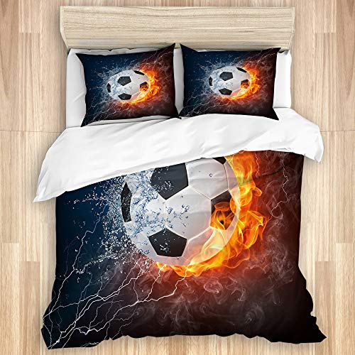 LASINSU Bedding Juego Funda Edredón,Imagen balón fútbol Alta resolución Fuego y Agua para Imprimir un Juego Pelota fútbol,Microfibra Funda Nórdico y Fundas Almohada (Cama 200x200cm+Almohada 50X80cm)