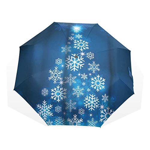 LASINSU Paraguas Resistente a la Intemperie,protección UV,Árbol de Copo de Nieve de Navidad Fluorescente Azul con Fondo Oscuro