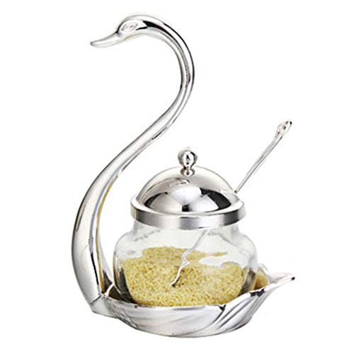 Latas Estrenar Cisne Pote De Aderezo Seasoner Cristal Caster Especias Azúcar Pot Condimento Caja De Almacenamiento con Herramientas De Cuchara De Cocina De 1Pc,Plata