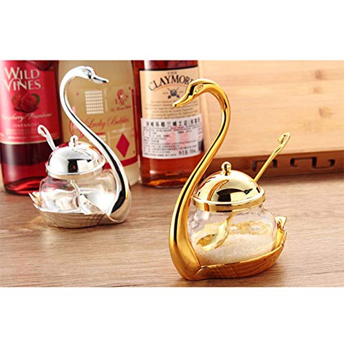 Latas Estrenar Cisne Pote De Aderezo Seasoner Cristal Caster Especias Azúcar Pot Condimento Caja De Almacenamiento con Herramientas De Cuchara De Cocina De 1Pc,Plata