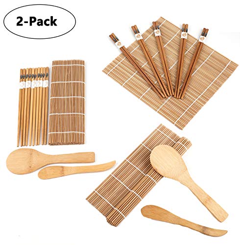 Lawei Juego para hacer sushi de bambú (2 unidades, incluye 4 alfombrillas de bambú para sushi, 10 pares de palillos, 2 pala de arroz, 2 separador de arroz, 100% bambú y utensilios de uso)