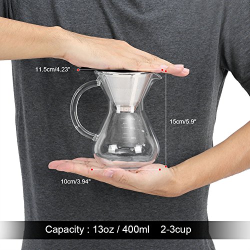 Lazmin Cafetera, 400 ml Vaso de Vidrio para Goteo Manual Cafetera con Escala para Oficina u hogar, con Grifo Tipo V y manija de Engrosamiento, Aislamiento térmico