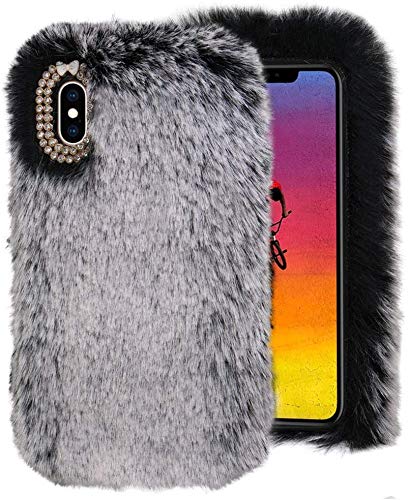 LCHDA Funda de Felpa para Samsung Galaxy A01, Lindo Piel de Conejo Artificial Suave Borroso Peludo Cálido Invierno Pelo Esponjoso Mullido Flexible TPU Anti-caída Carcasa Protectora, Gris