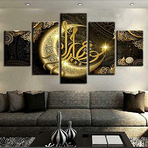 lcyfg Cuadros Decoracion Salon Modernos Luna Musulmana árabe islámica HD Impreso 5 Piezas Lienzo Arte Pinturas Cuadros Modular Cartel Decoración para El Hogar Marco