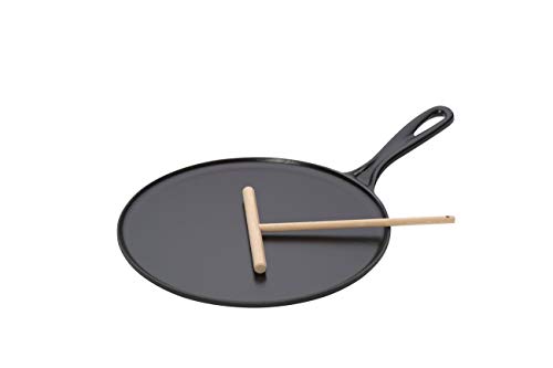 Le Creuset Crepera de hierro fundido, incluye rastrillo de madera, diametro 27 cm, Redonda, Apto para todas las fuentes de calor, incluye inducción, Negro