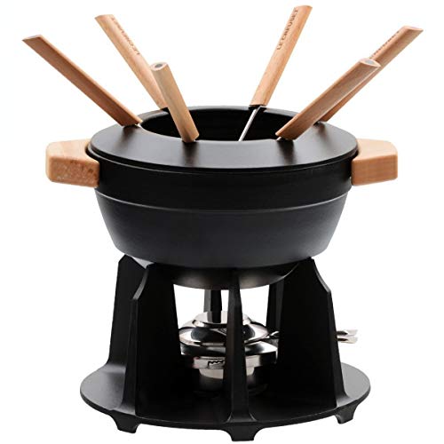 Le Creuset Set de fondue de hierro fundido, Con 2 asas de madera, tapa antisalpicaduras, quemador y 6 tenedores para fondue, Volumen 2.3 L, Negro mate